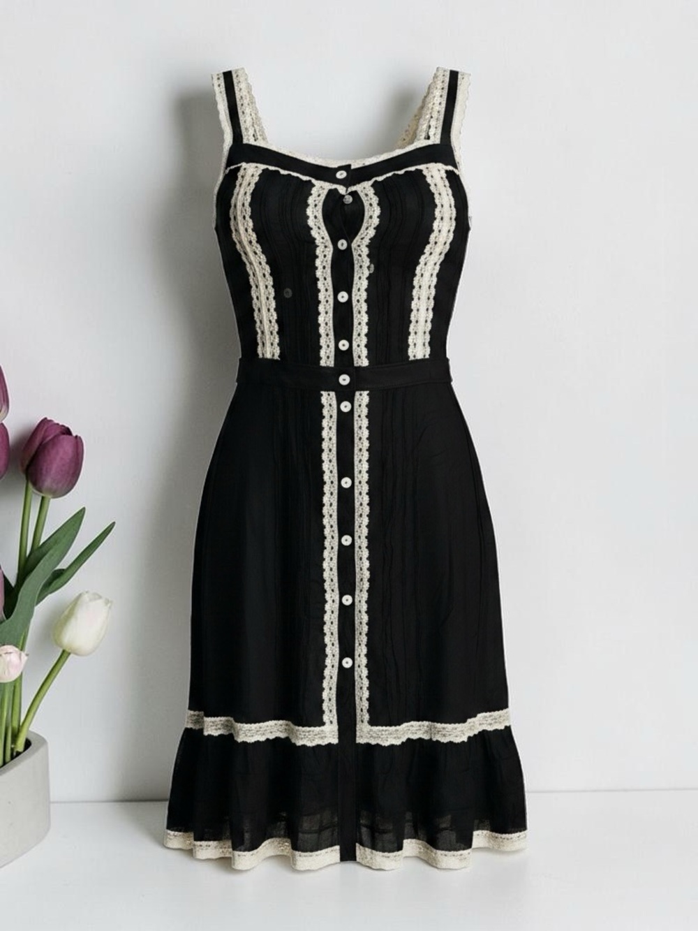 Lm Lulu Black Midi Dress with Cream Lace Trim